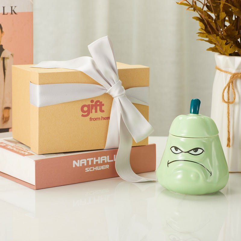 Green Grumpy Face Ceramic Mug with Lid gift set