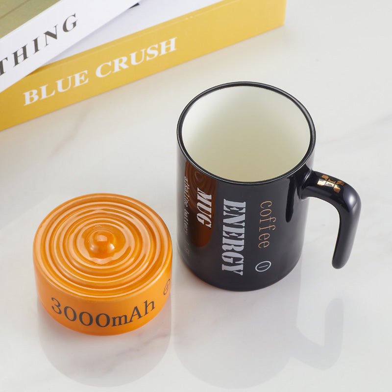 Unique Energy Battery Design Coffee Mug Set with Lid top view