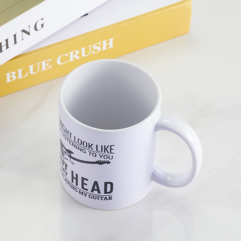 Unique Guitar Design Ceramic White Coffee Mug for Music Lovers top view