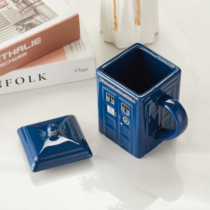 Police Box Ceramic Coffee Mug with Lid top view