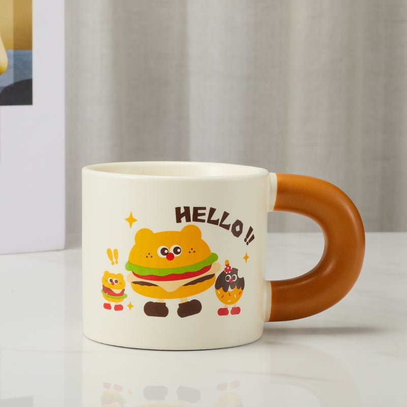 Front view of cute bear burger mug with 'HELLO!!'