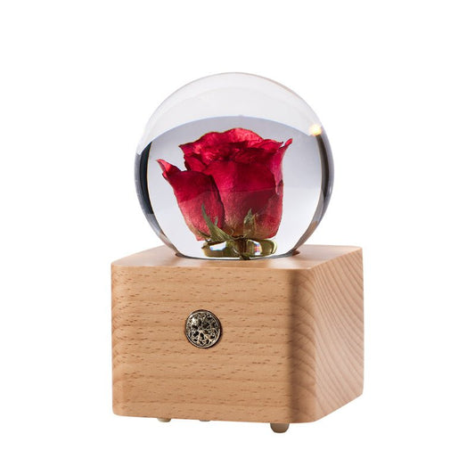 Red Rose Crystal Ball Wooden Music Box - Gift From Here