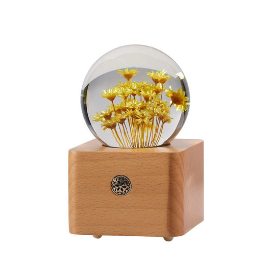 Yellow Daisy Preserved Flower Crystal Ball Wooden Music Box - Gift From Here