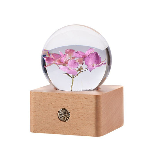 Pink Hydrangea Preserved Flower Crystal Ball Wooden Music Box - Gift From Here