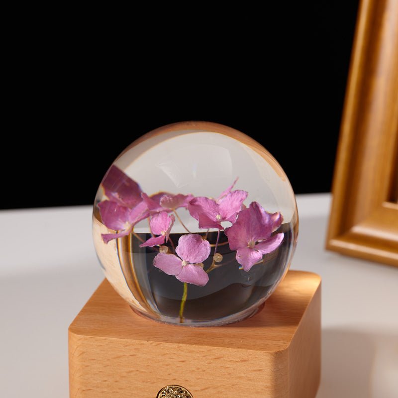 Pink Hydrangea Preserved Flower Crystal Ball Wooden Music Box - Gift From Here
