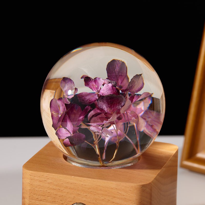 Purple Hydrangea Preserved Flower Crystal Ball Wooden Music Box - Gift From Here