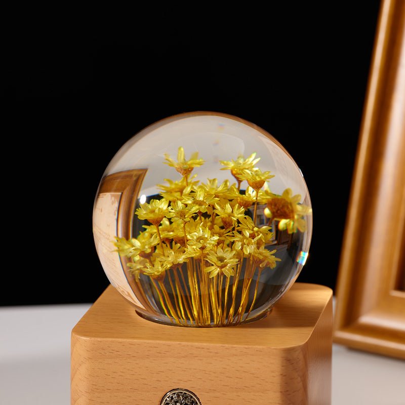 Yellow Daisy Preserved Flower Crystal Ball Wooden Music Box - Gift From Here