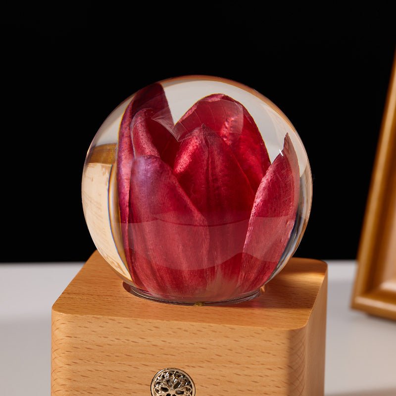 Red Tulip Crystal Ball Wooden Music Box - Gift From Here