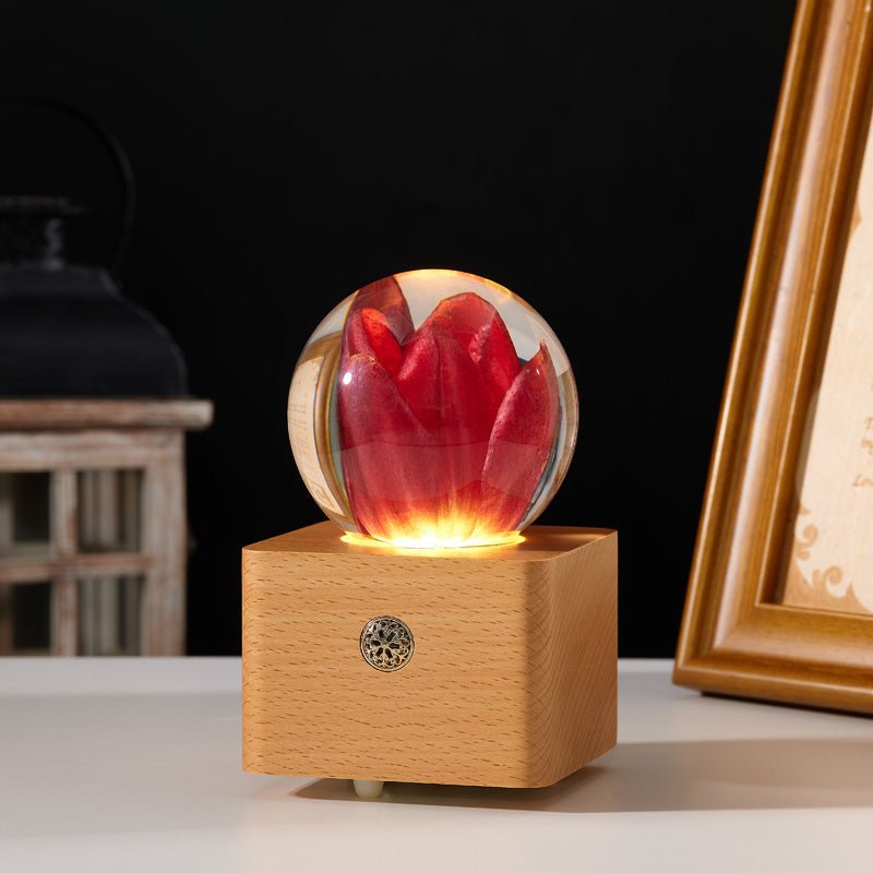 Red Tulip Crystal Ball Wooden Music Box - Gift From Here