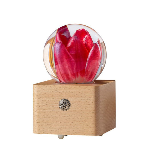 Red Tulip Crystal Ball Wooden Music Box - Gift From Here