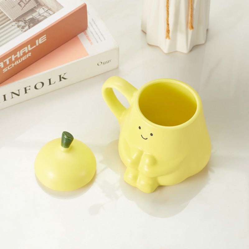 Adorable Pear Yellow Color Ceramic Coffee Mug with Lid top view