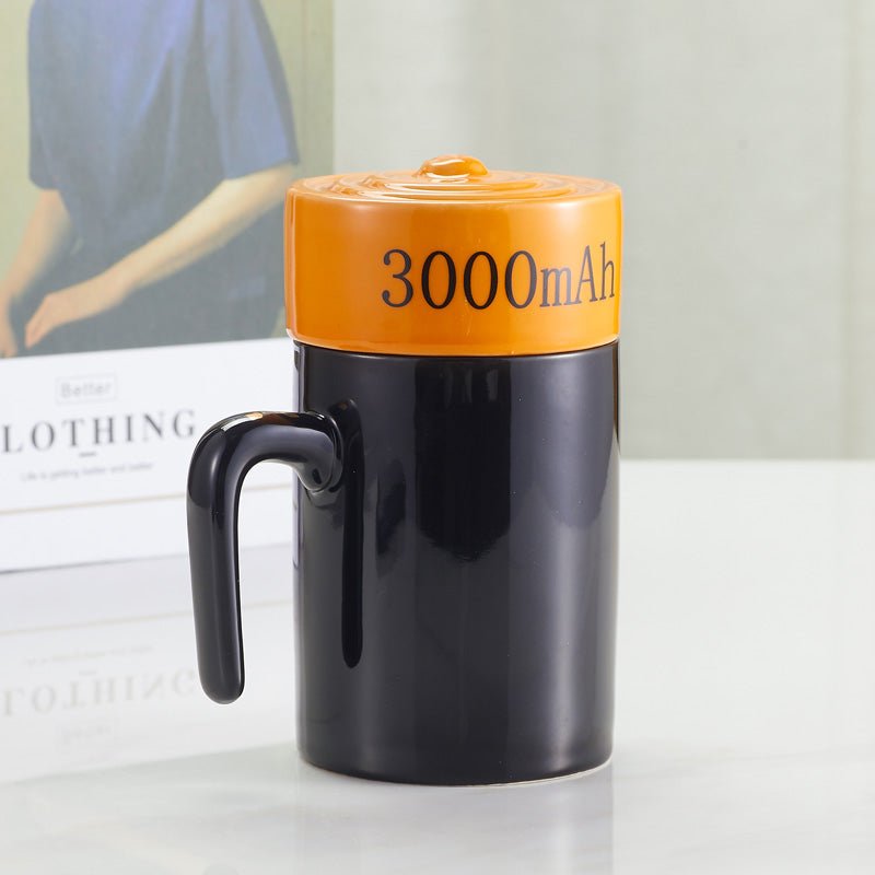 Unique Energy Battery Design Coffee Mug Set with Lid back view