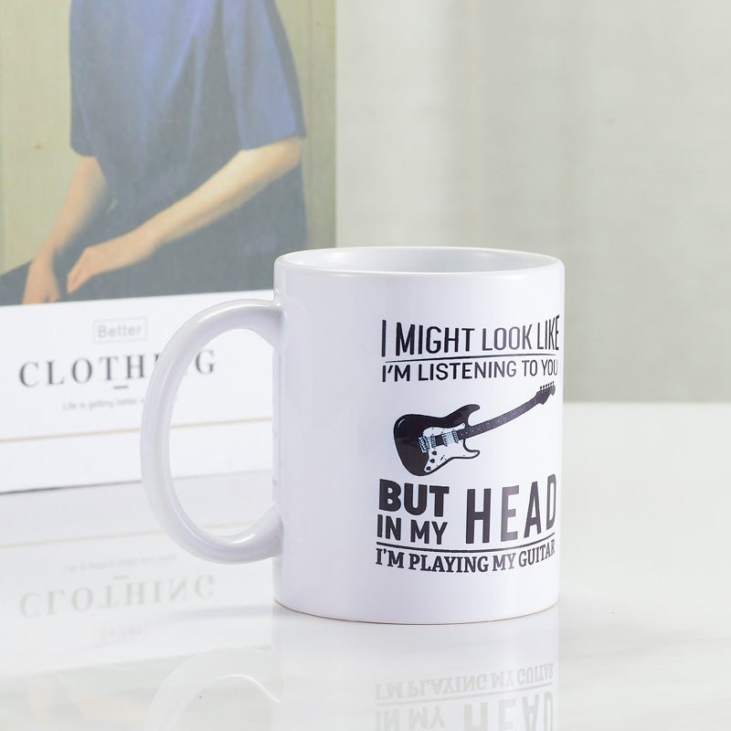 Unique Guitar Design Ceramic White Coffee Mug for Music Lovers side view