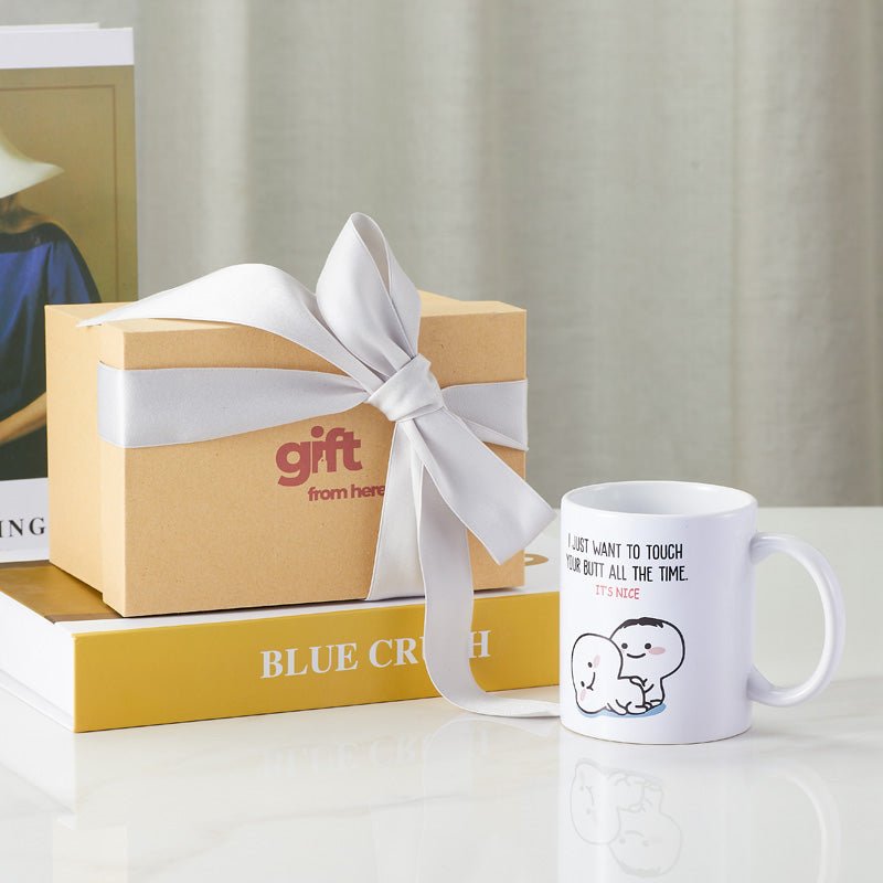 "I Want to Touch Your Butt" Funny White Ceramic Coffee Mug Gift Set 