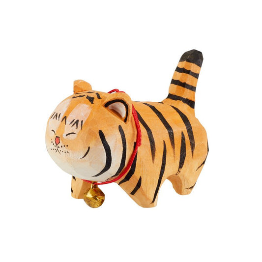 Handcrafted wooden tiger figurine with a red collar and bell