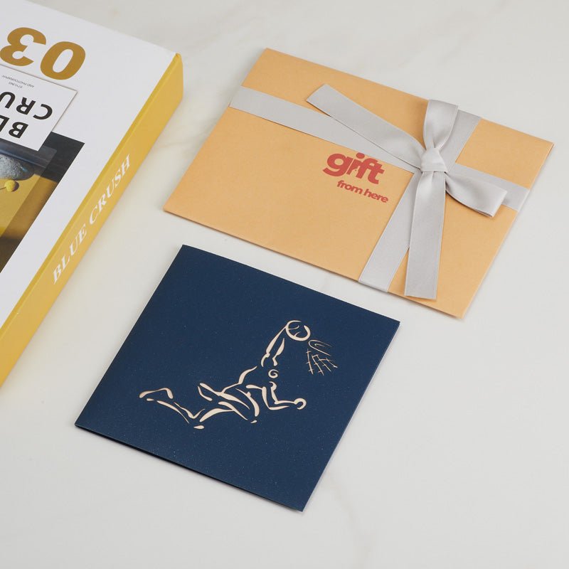 3D Pop-Up Basketball Greeting Card with a navy blue cover featuring a basketball player illustration