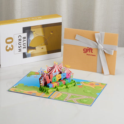 3D Pop-Up Birthday Greeting Card displayed with gift packaging