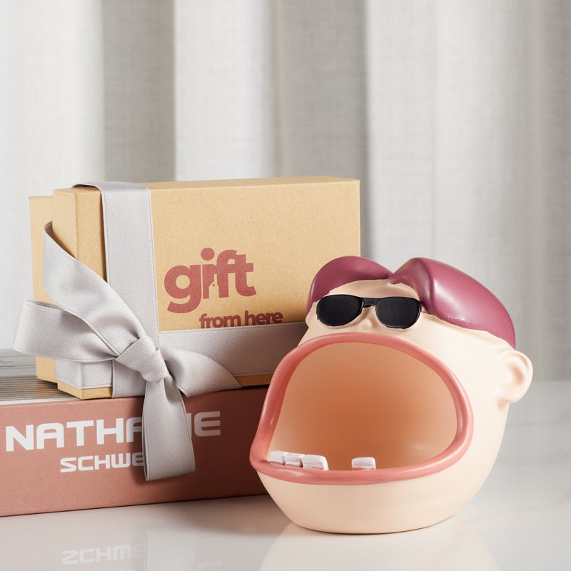 Front view of Funny Big Mouth Dude Ashtray with Sunglasses gift set