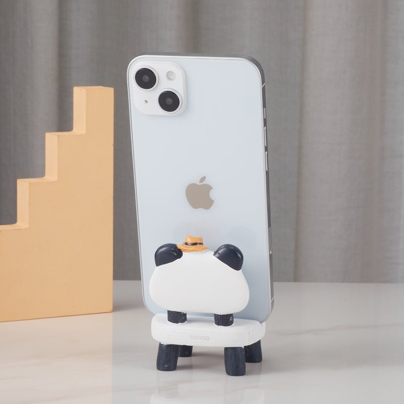 Panda-shaped phone holder with a smartphone, rear view