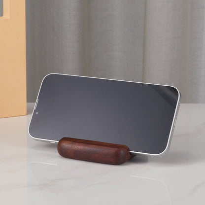 Wooden phone stand holder displaying a smartphone horizontally (front view)