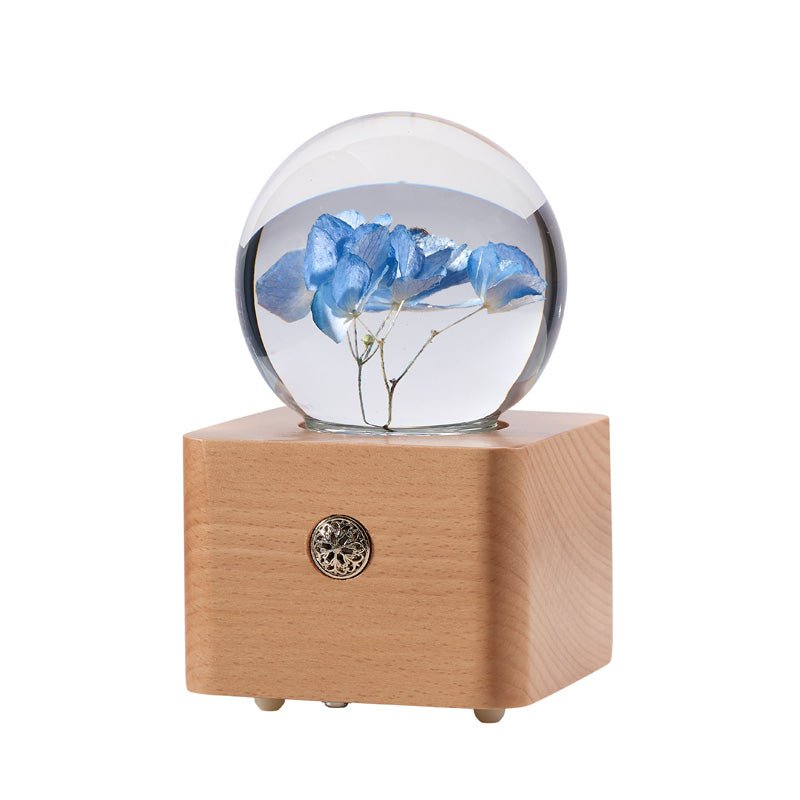 Blue Hydrangea Preserved Flower Crystal Ball Wooden Music Box - Gift From Here