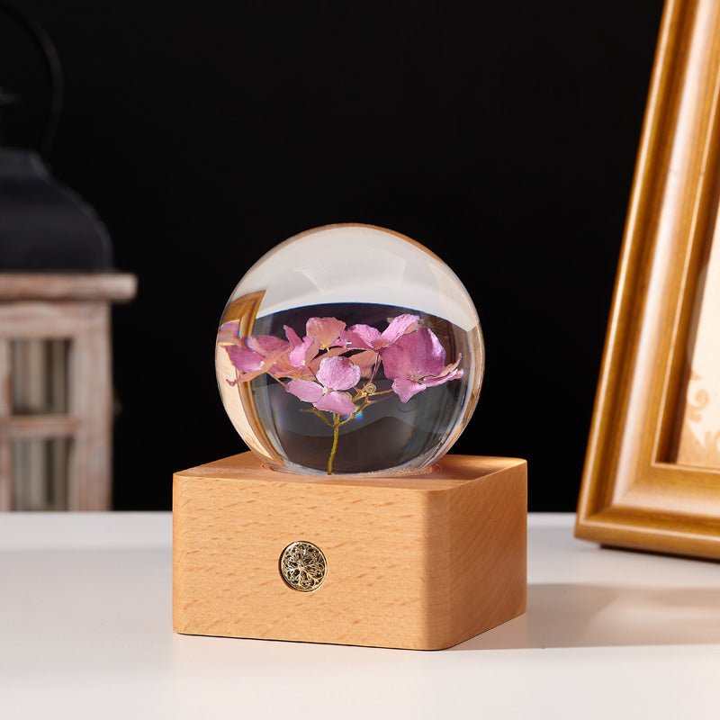 Pink Hydrangea Preserved Flower Crystal Ball Wooden Music Box - Gift From Here