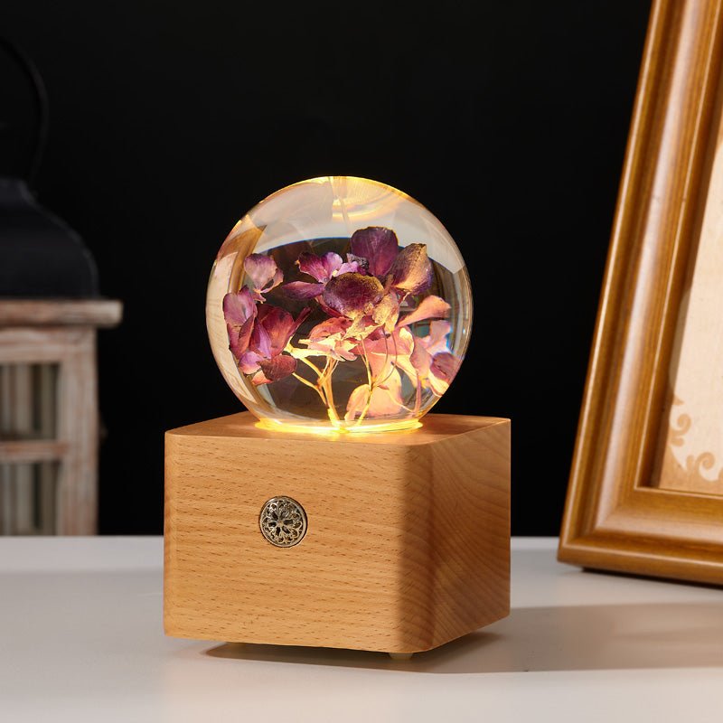 Purple Hydrangea Preserved Flower Crystal Ball Wooden Music Box - Gift From Here