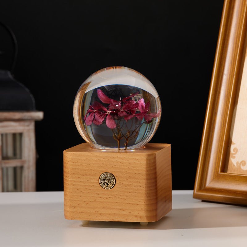 Coral Vine Preserved Flower Crystal Ball Wooden Music Box - Gift From Here
