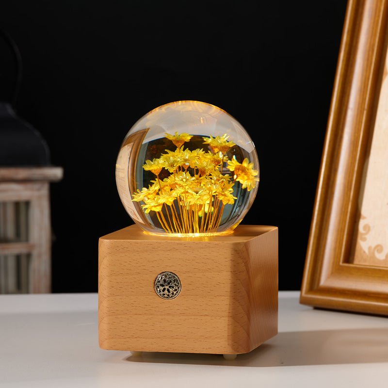 Yellow Daisy Preserved Flower Crystal Ball Wooden Music Box - Gift From Here