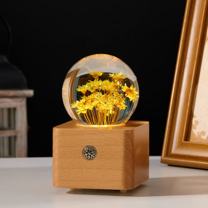 Yellow Daisy Preserved Flower Crystal Ball Wooden Music Box - Gift From Here