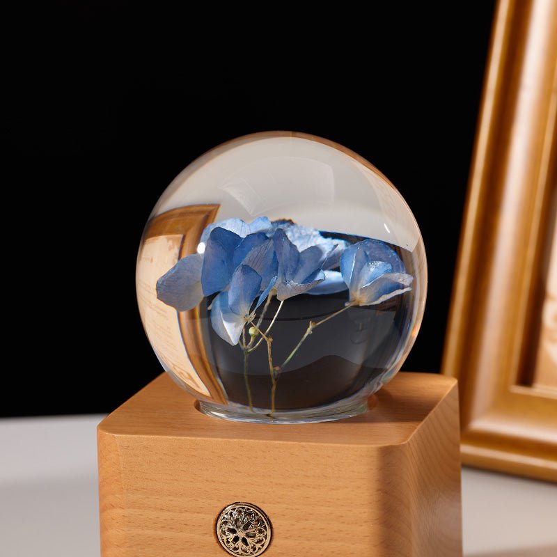 Blue Hydrangea Preserved Flower Crystal Ball Wooden Music Box - Gift From Here