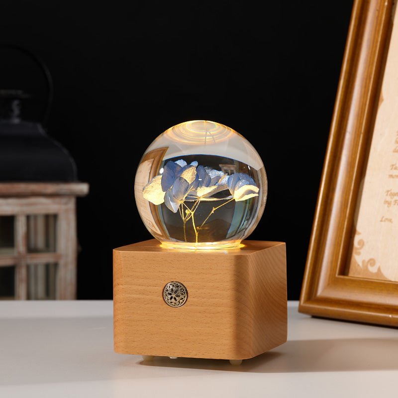 Blue Hydrangea Preserved Flower Crystal Ball Wooden Music Box - Gift From Here