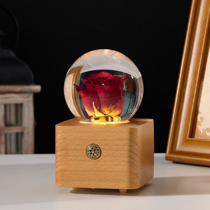 Red Rose Crystal Ball Wooden Music Box - Gift From Here