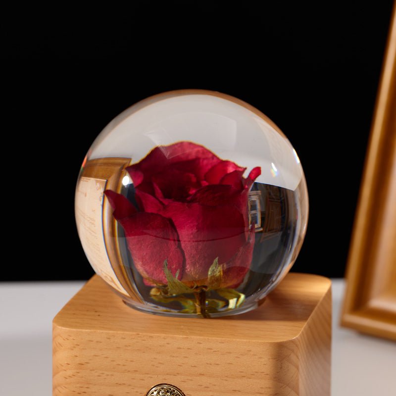 Red Rose Crystal Ball Wooden Music Box - Gift From Here